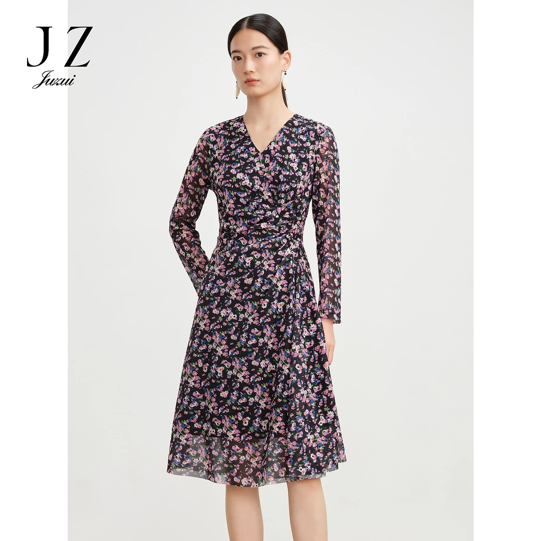 【凌霄花】玖姿安娜蔻优雅印花收腰抽褶X型连衣裙女热烈JTEC50053
