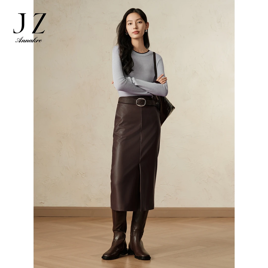 玖姿安娜蔻优雅简约风百搭开叉PU皮裙半身长裙女2024冬季