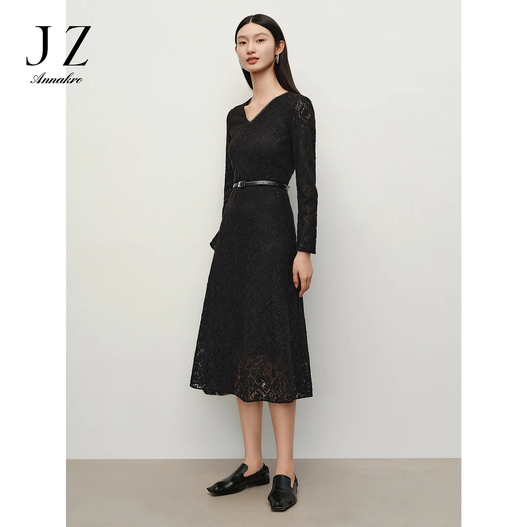 玖姿安娜蔻浪漫优雅V领蕾丝轻礼服连衣裙春季JTEQ50029