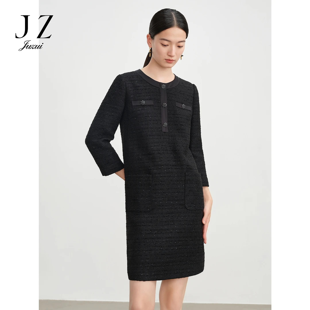 玖姿安娜蔻通勤香风花呢圆领缎面拼接亮片连衣裙女JTEC50039