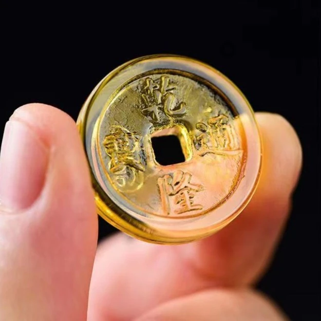 （浮生闲手作推荐招财猫配件  乾隆通宝黄水晶铜钱摆件个性高档