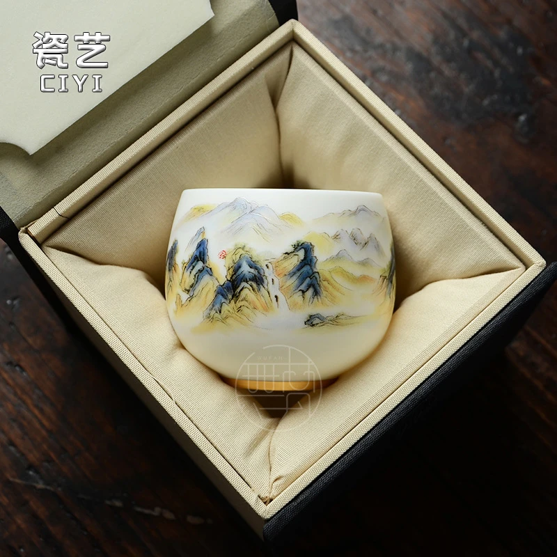 羊脂玉主人杯茶杯素烧白瓷品茗杯单杯茶盏功夫茶具陶瓷国潮风礼盒