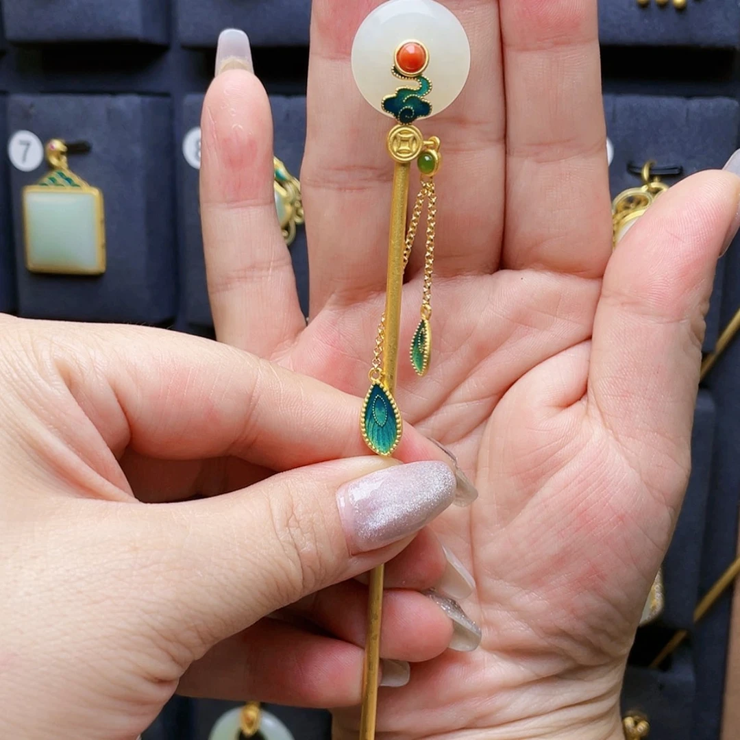 【闪购商品】和田玉发饰银S925镀金镶嵌