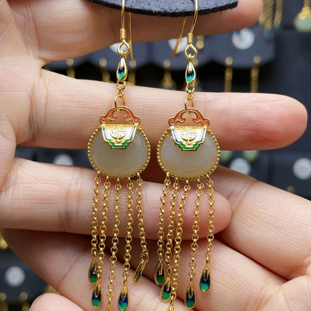 【闪购商品】和田玉耳饰银S925镀金镶嵌