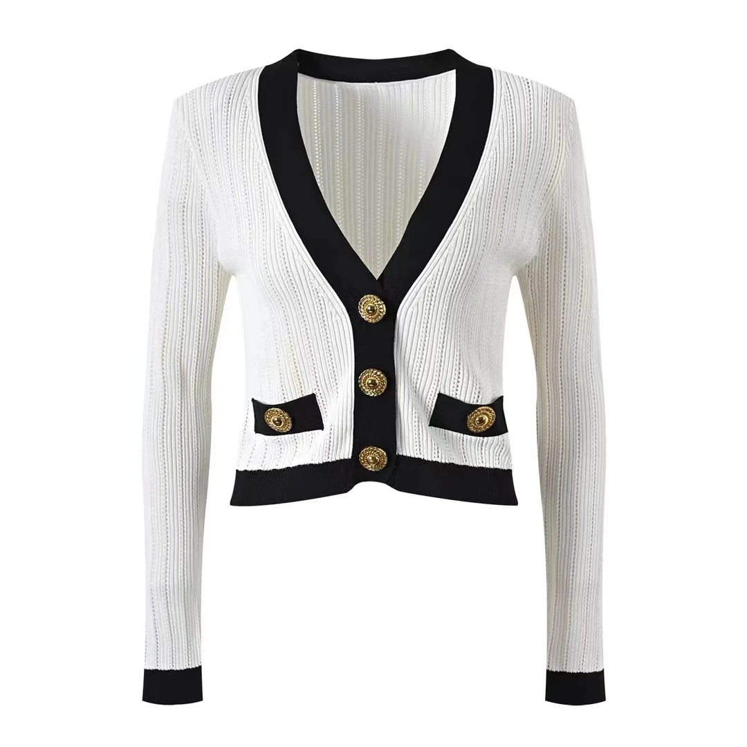 123小香风气质长袖短款时尚撞色拼接法式早秋针织衫