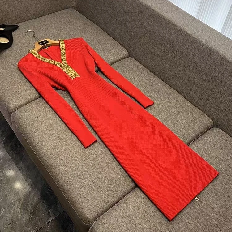 5937显瘦气质网红洋气复古时尚名媛修身秋冬中长款长袖连衣裙