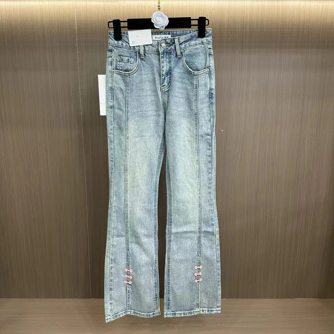130131新中式高腰直筒时尚百搭蓝色微喇设计师重工牛仔裤