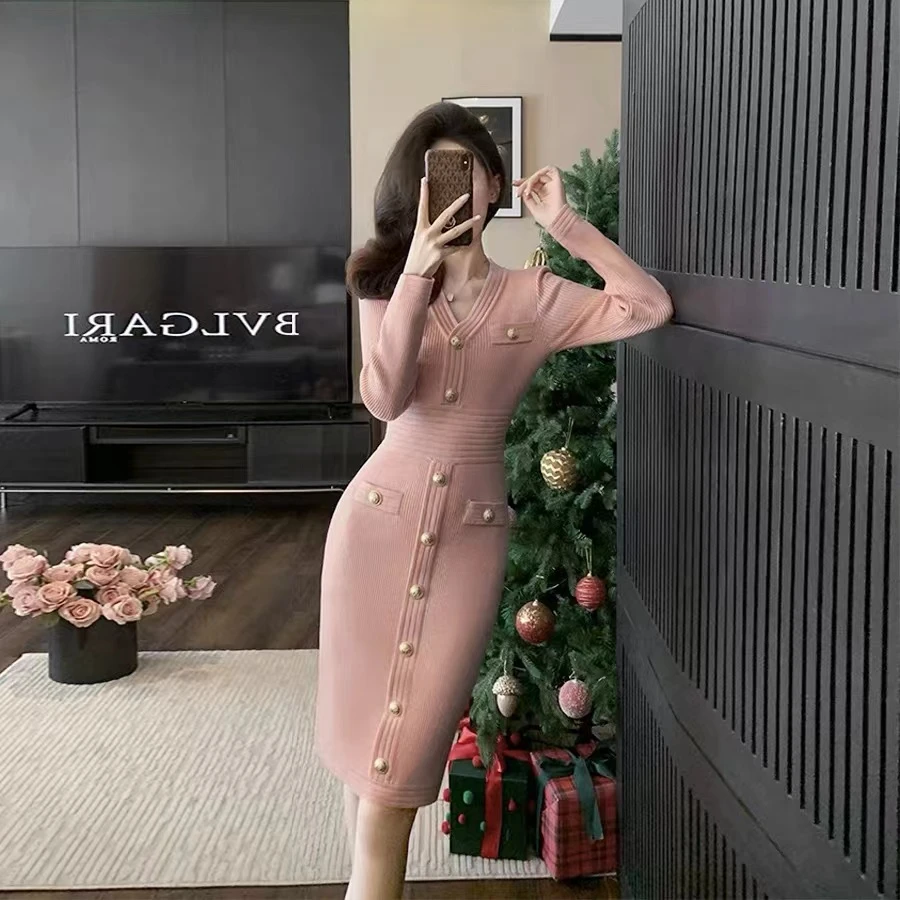 5969新中式小香风显瘦气质针织时尚法式长袖收腰修身名媛连衣裙