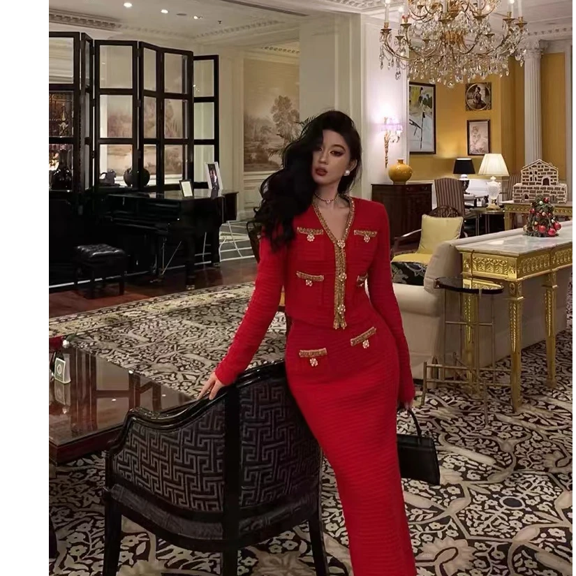 5958-5959新中式小香风显瘦气质时尚复古轻奢法式修身包臀套装