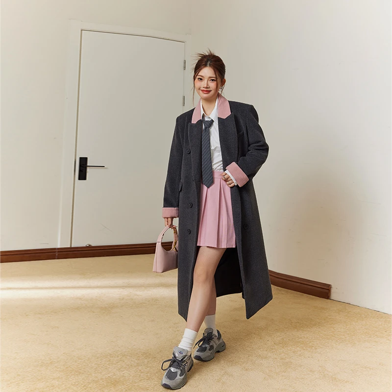 张大人【清仓5折现货秒发】大码女装设计感黑粉撞色拼接毛呢外套冬