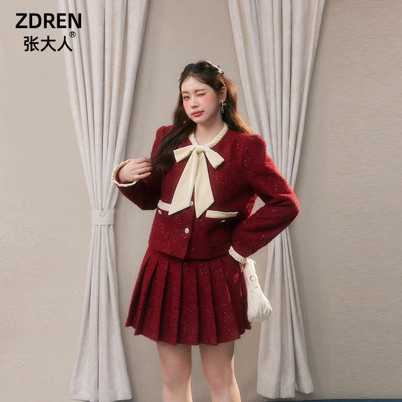 张大人【五折清仓现货秒发】大码女装微胖妹妹红色法式小香风套装