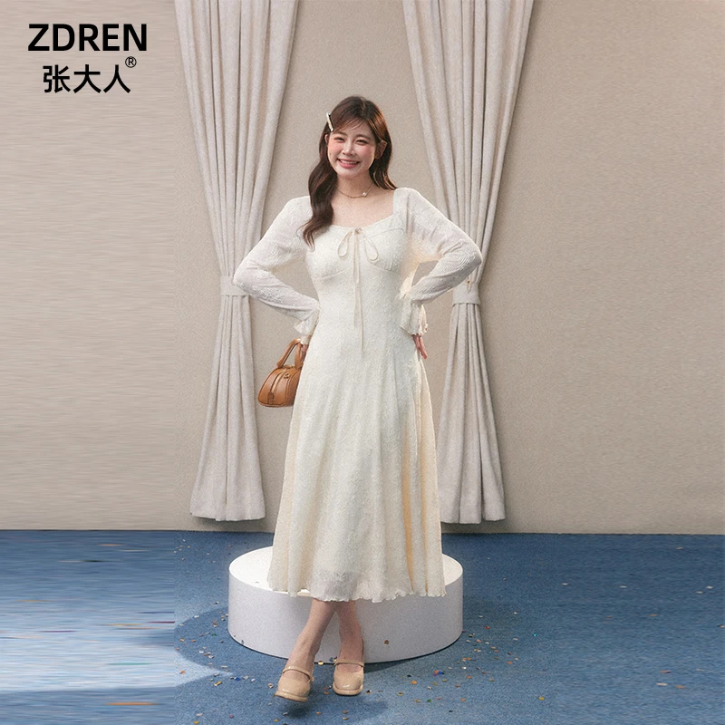 张大人【五折清仓现货秒发】蕾丝显瘦气质长袖白色女装修身连衣裙