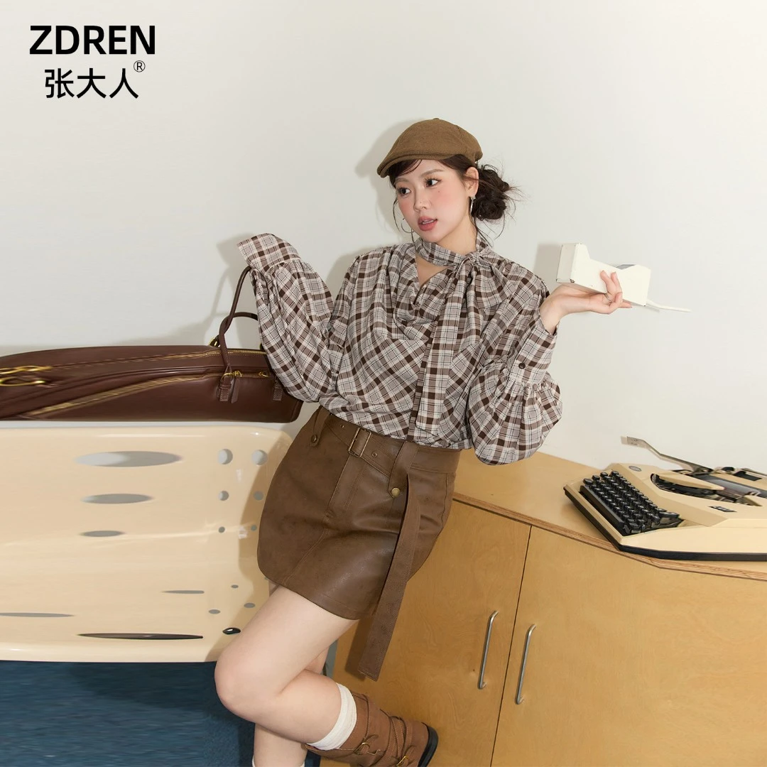 张大人【首尔心动】大码女装微胖妹妹时髦韩版格纹衬衫搭灯芯绒外套