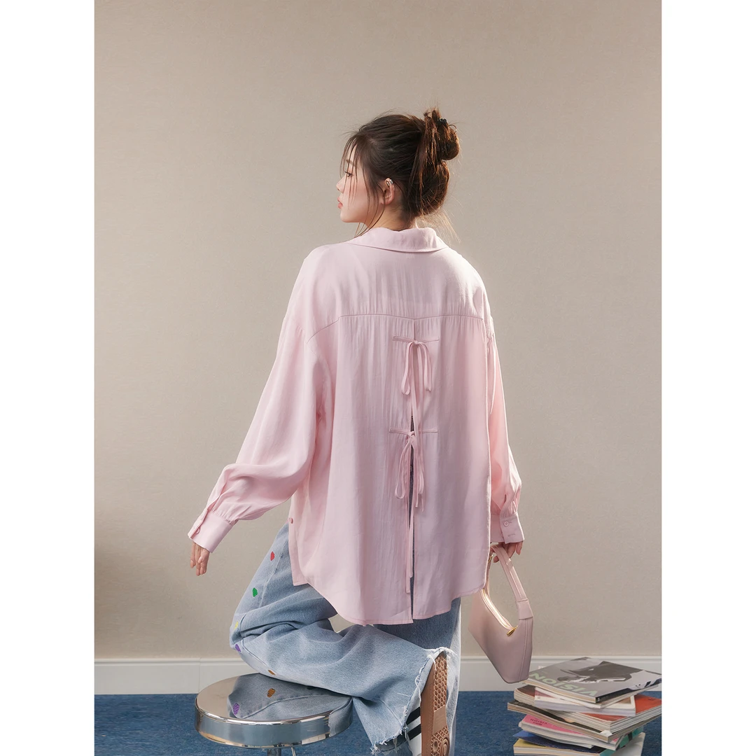 张大人【全糖奶茶】大码女装微胖mm温柔绝绝子粉调绑带衬衫秋季薄款