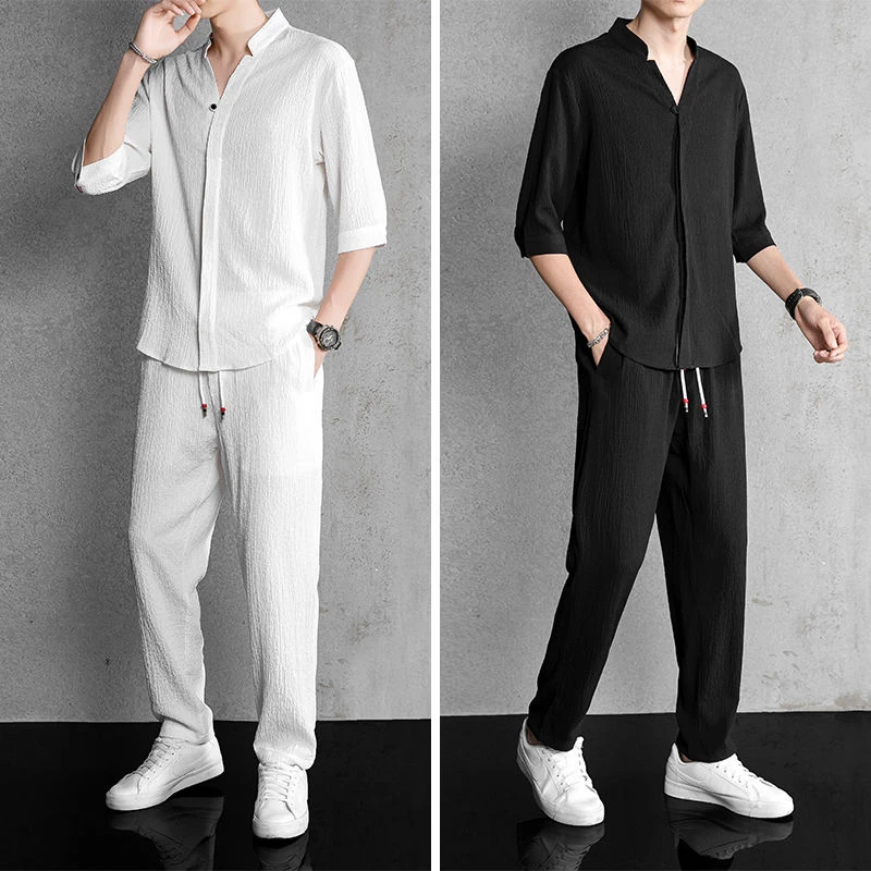 棉麻套装男夏季冰丝短袖T恤中国风唐装休闲运动男装搭配一套帅气