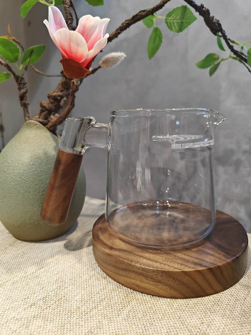 茶漏一体玻璃月牙公道杯带盖加厚木把泡茶壶大容量玻璃茶杯分茶器