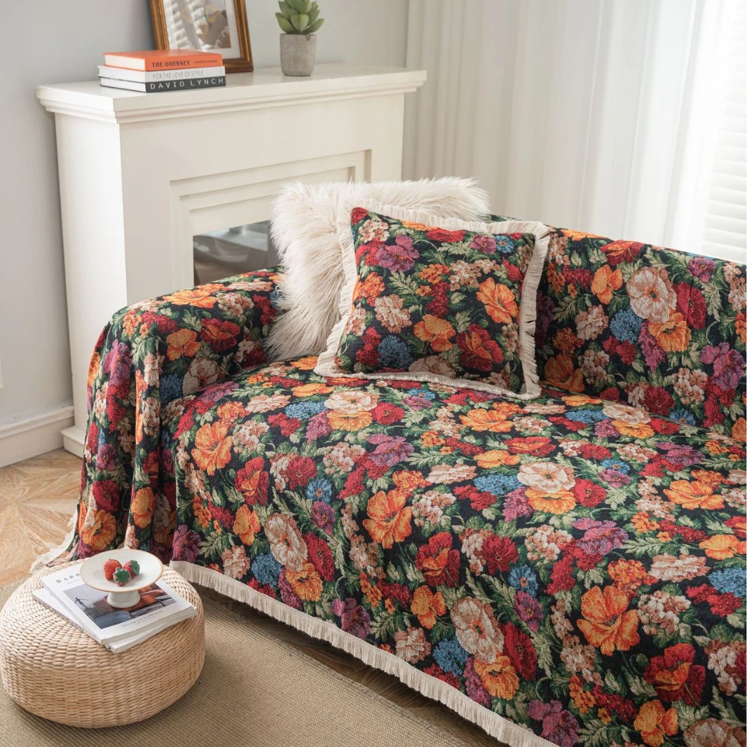 沙发巾防猫抓提花鸢尾花朵复古喜庆节日厚实沙发盖毯美式沙发垫