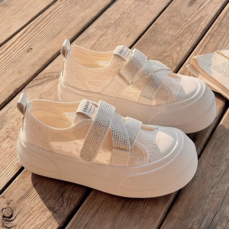 韦麦网面蕾丝小白鞋女2024新款夏季透气休闲鞋小众百搭魔术贴板鞋