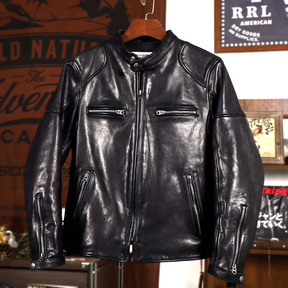 1.4mm无涂植鞣小牛皮J100立领机车款皮夹克外套男士真皮骑行皮衣