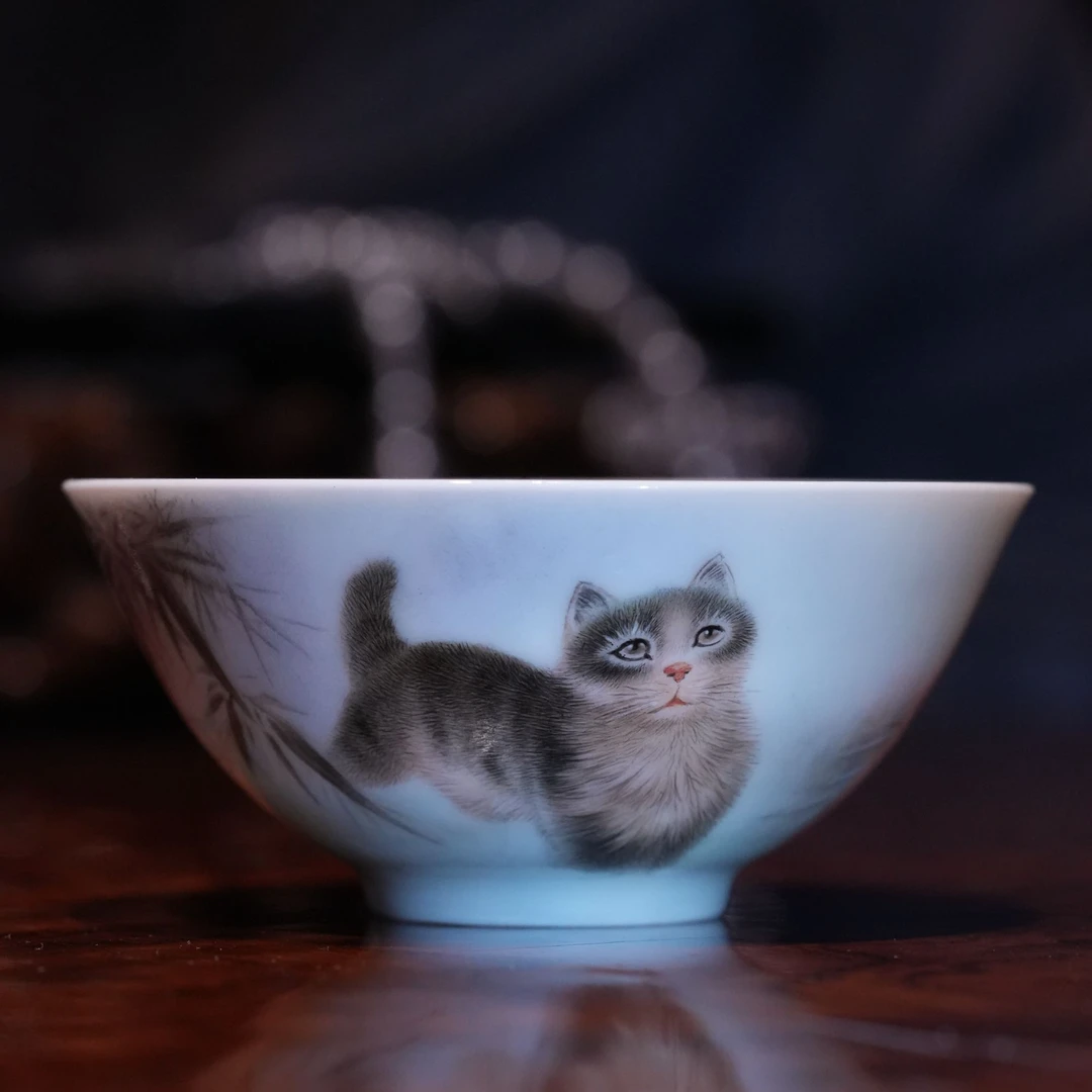 艺林堂宫猫撇口斗笠杯龙纹白瓷普洱杯釉下彩陶瓷主人杯手绘