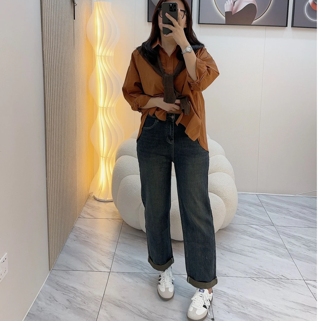 早秋复古高腰哈伦牛仔裤女士直筒宽松显示梨形身材大码老爹裤