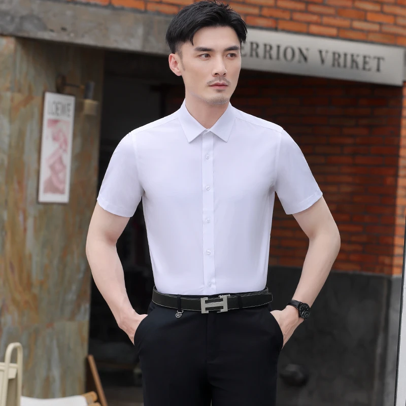 高级感男士白色短袖衬衫春夏商务职业正装蓝西装内搭面试纯色衬衣