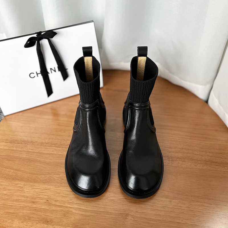 【现货】/2cm牛皮短靴女时尚百搭秋冬瘦瘦靴粗跟短筒弹力圆头袜靴
