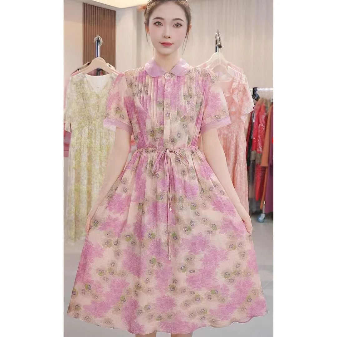 L227新款夏季2024女装连衣裙气质收腰显瘦优雅女装系带连衣裙