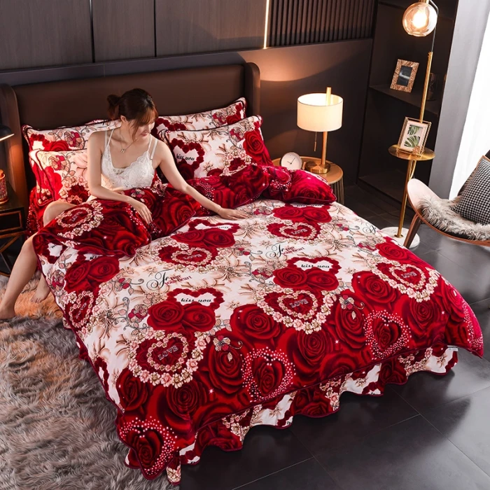 （活动中）新款高克重加厚牛奶绒印花双面绒防滑加绒四件套床上用品