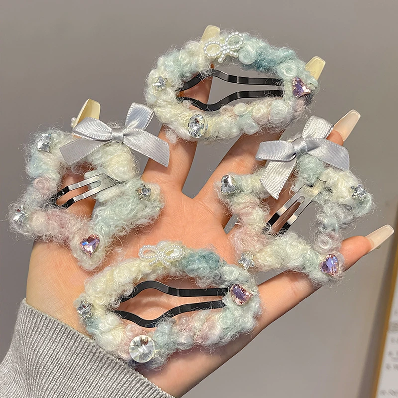 韩版ins风甜美毛绒水钻蝴蝶结发夹甜美少女心精致发饰刘海侧边夹
