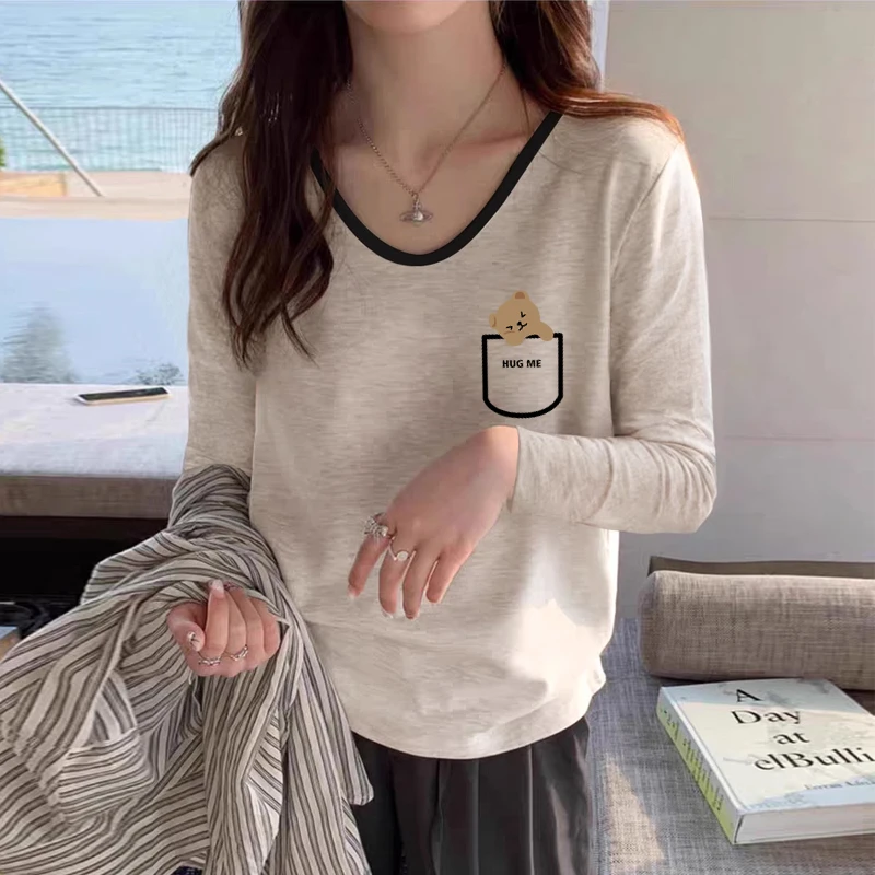 2024春秋新款米灰色长袖T恤女洋气减龄打底衫宽松显瘦撞色V领上衣