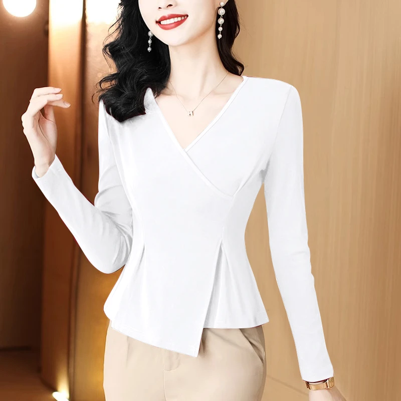 白色t恤女长袖2024新款春秋女装v领打底衫不规则收腰小众别致上衣