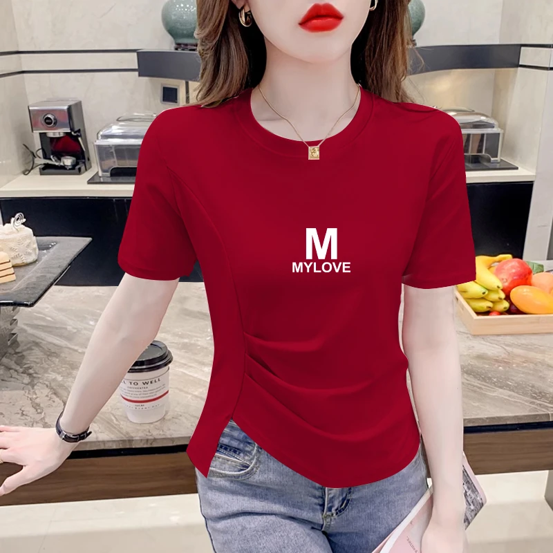 夏季短袖T恤女胖MM大码简约上衣女韩版洋气圆领印花短袖打底衫潮