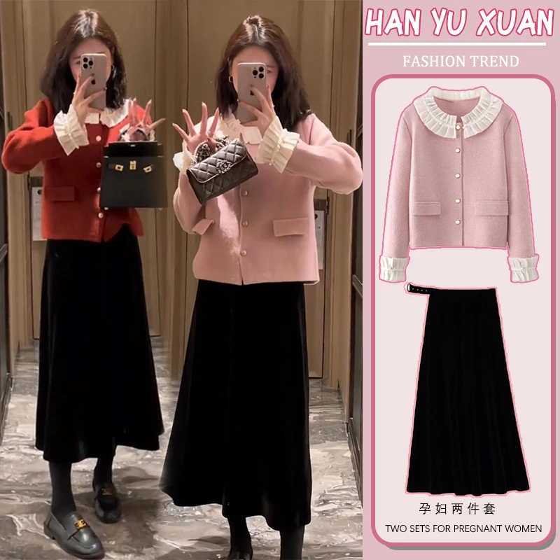 【西西家】孕妇装小香风洋气开衫2024年新款法式木耳边毛衣+半身裙