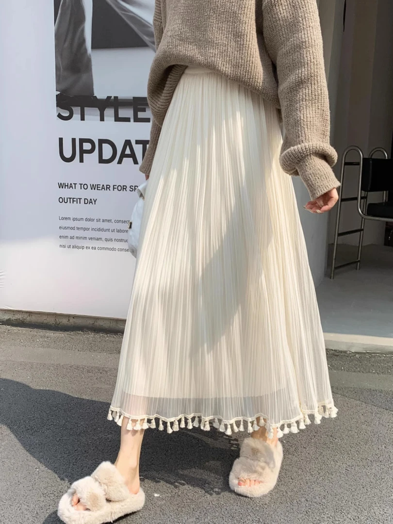 两面穿网纱半身裙女秋季新款高腰中长款流苏边a字大摆百褶纱裙子