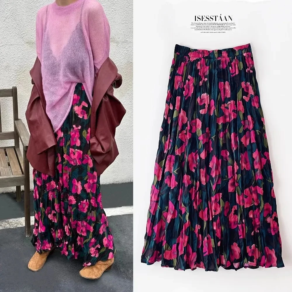 中国风遮肚压褶大摆印花半身裙复古碎花秋冬宽松配毛衣大衣打底裙