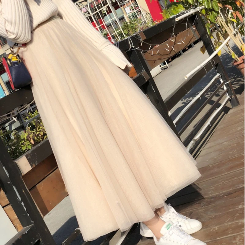 2024春秋新款大摆纱裙高腰半身裙女夏季显瘦垂感三层网纱A字长裙