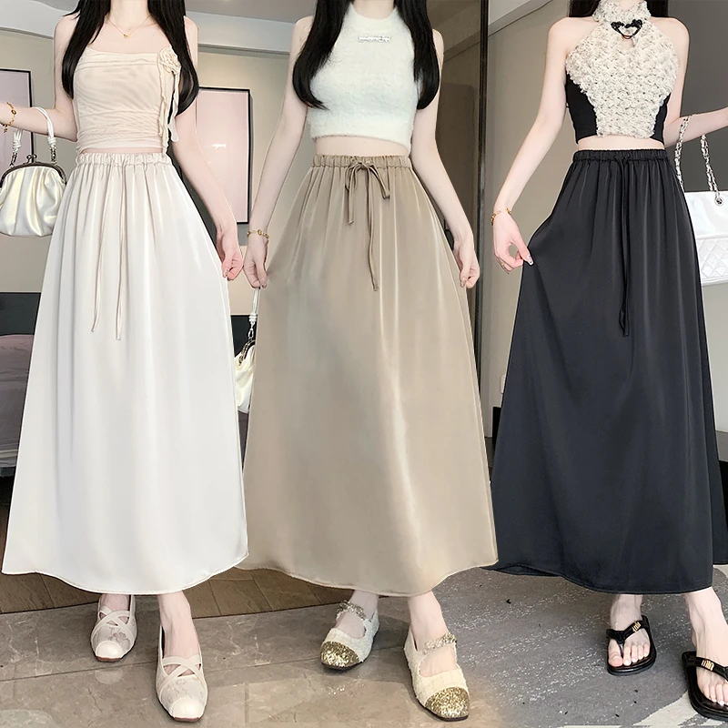 抽绳冰丝缎面醋酸垂感半身裙女2025夏季新款中长款垂感遮胯a字裙