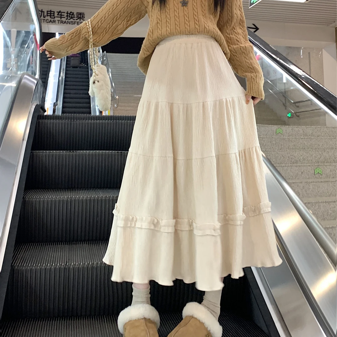 甜美拼接木耳边丝绒半身裙女秋季2024新款高腰杏色中长款A字裙子