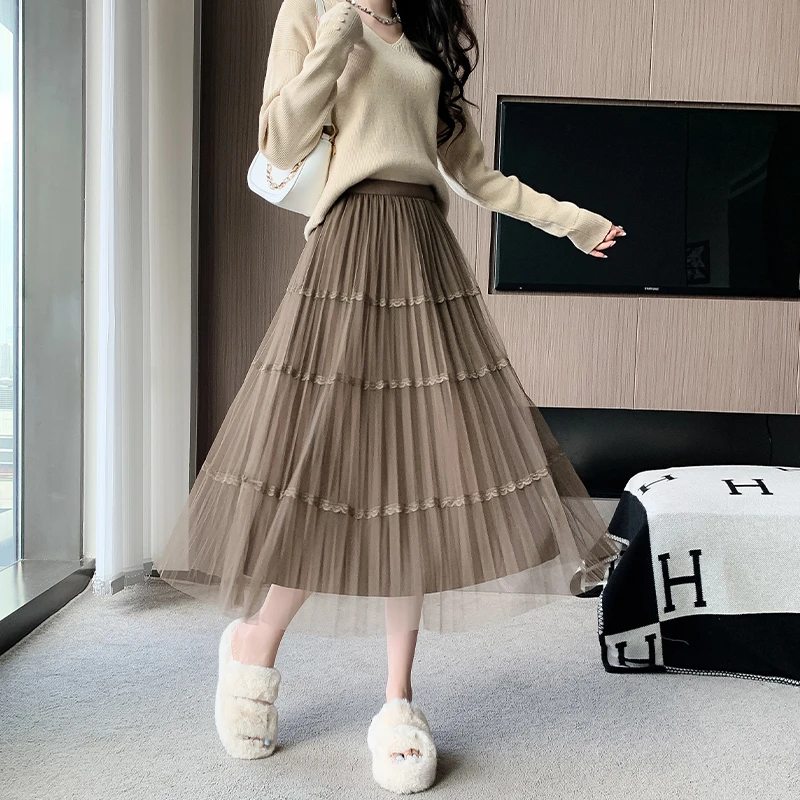 2023秋冬新款两面穿网纱百折a字裙蕾丝边高腰半身裙女百褶裙子女