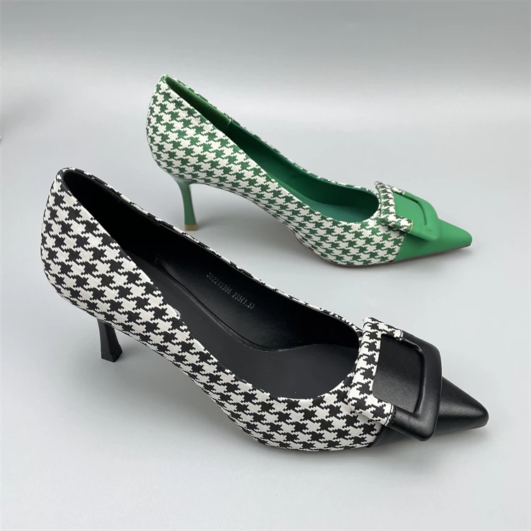 法式小香风高跟鞋女尖头复古拼色细跟单鞋女时装鞋C10-2939-67