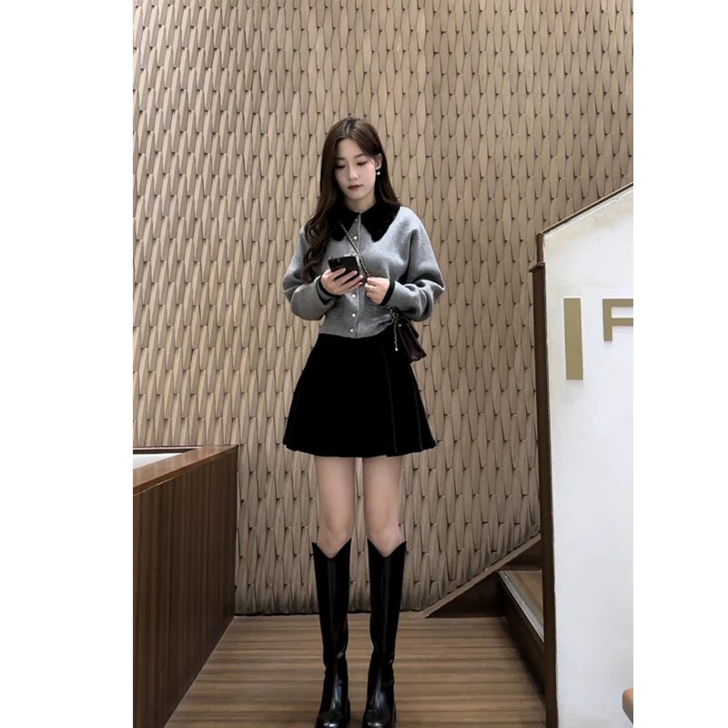 2024秋冬款经典拼色黑灰菱格针织毛衣外套气质短款女上衣+丝绒裙