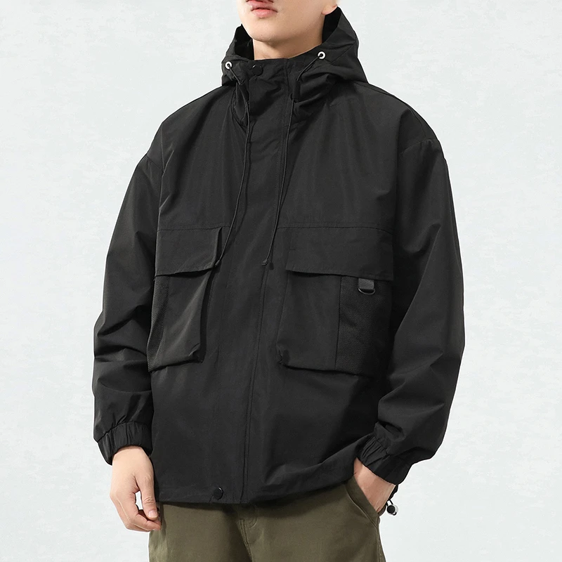潮牌黑色冲锋衣男士外套夹克男款美式复古工装百搭男生衣服高级感