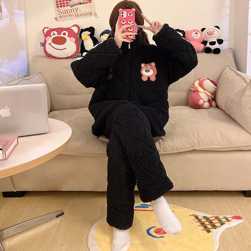 秋冬季女士款三层夹棉加绒加厚珊瑚绒睡衣立领拉链保暖卡通家居服