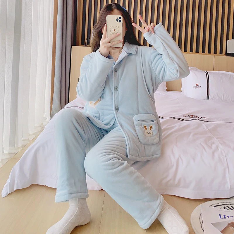 新款婴儿绒加厚夹棉现货纯色月子服孕妇哺乳柔软套装家居服2025