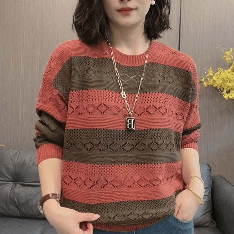 2025早秋新款圆领条纹针织衫宽松时尚百搭大码韩版镂空显瘦上衣女