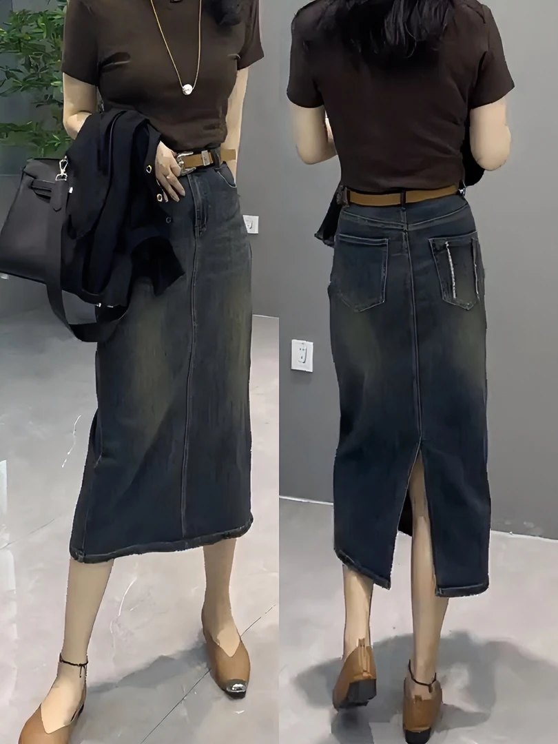 大码弹力开叉牛仔半身裙女早秋胖mm高腰显瘦中长款a字包臀长裙子