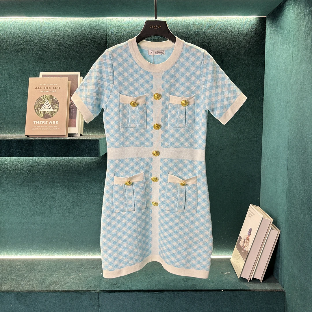 【CENFUN】女装连衣裙针织时尚千鸟格 E22127