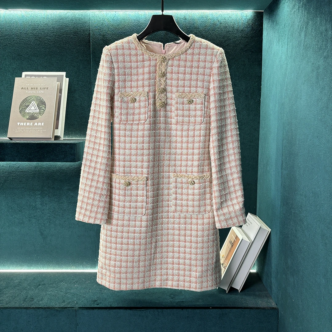 【CENFUN】游轮系列橘粉色亮片粗花呢连衣裙E031163