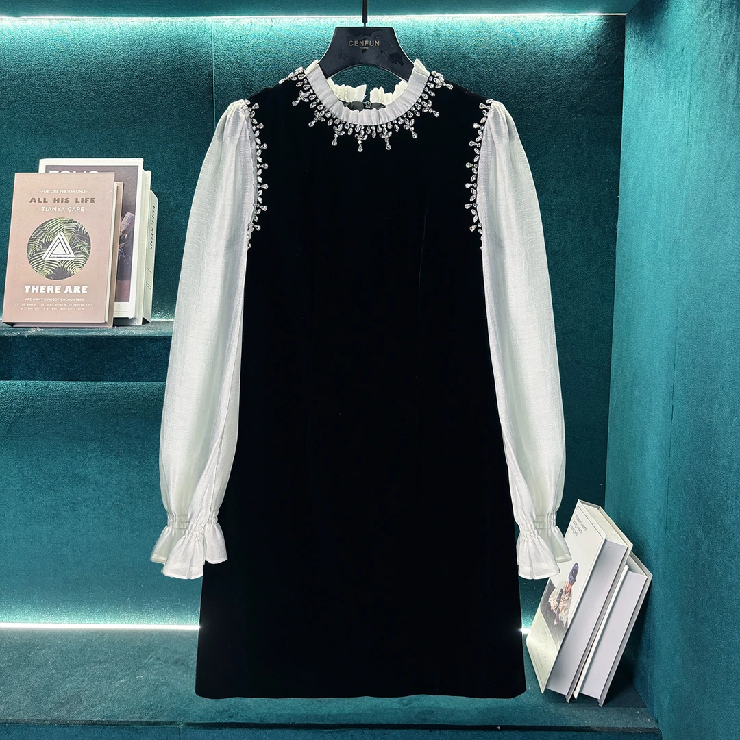 【CENFUN】拼接丝绒长袖连衣裙气质显廋高级感重工镶钻裙子E031108